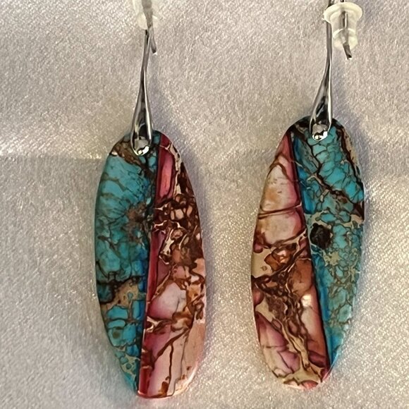 Natural Pink & Blue Imperial Jasper Teardrop Earrings - Picture 2 of 5